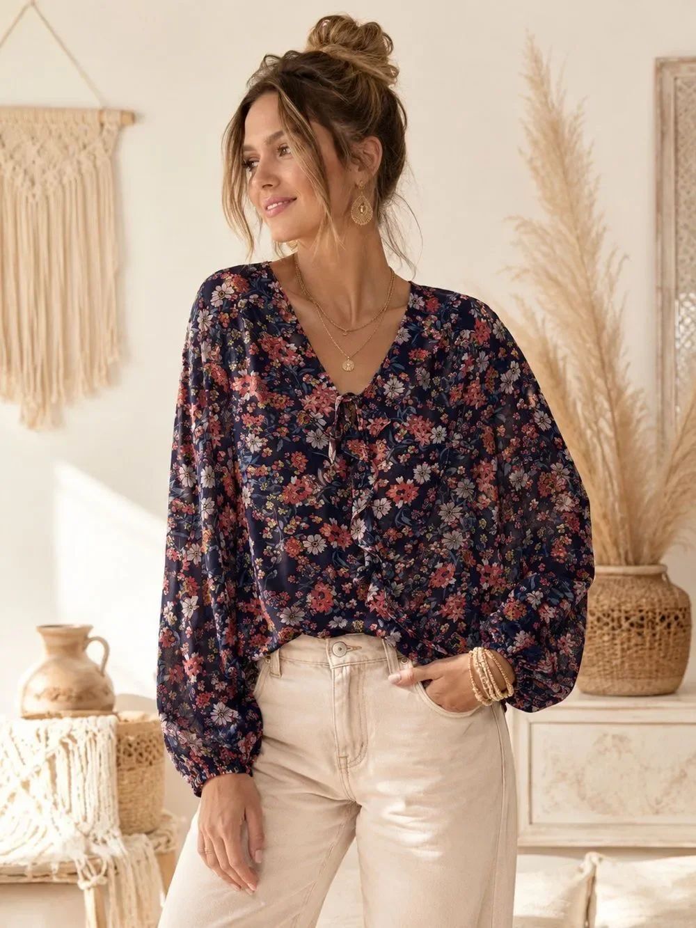 Mossimo Supply Co. Navy Floral Tie-Front Peasant Blouse